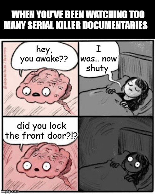 aw nah | WHEN YOU'VE BEEN WATCHING TOO MANY SERIAL KILLER DOCUMENTARIES; I was.. now shuty; hey,  you awake?? did you lock the front door?!? | image tagged in brain before sleep,serial killer,unsolved mysteries,spoopy,scared,no sleep | made w/ Imgflip meme maker