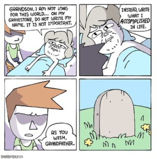 If you see a gravestone with nothing written on it, just read all the things I accomplished in life. | image tagged in comics/cartoons,gravestone,nothing | made w/ Imgflip meme maker