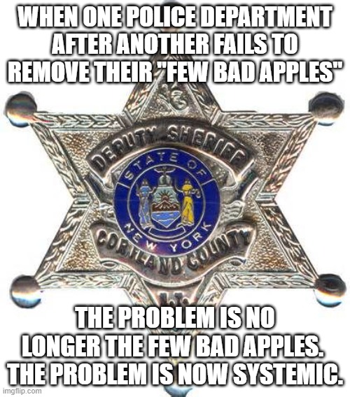 police bad apples | WHEN ONE POLICE DEPARTMENT AFTER ANOTHER FAILS TO REMOVE THEIR "FEW BAD APPLES"; THE PROBLEM IS NO LONGER THE FEW BAD APPLES.  THE PROBLEM IS NOW SYSTEMIC. | image tagged in badge,police brutality | made w/ Imgflip meme maker