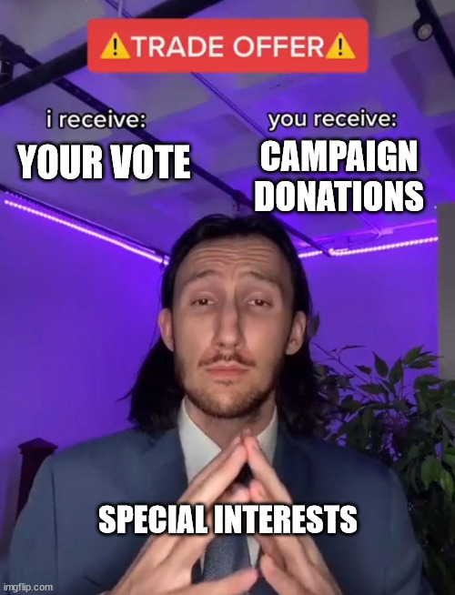 Trade Offer | CAMPAIGN DONATIONS; YOUR VOTE; SPECIAL INTERESTS | image tagged in trade offer | made w/ Imgflip meme maker