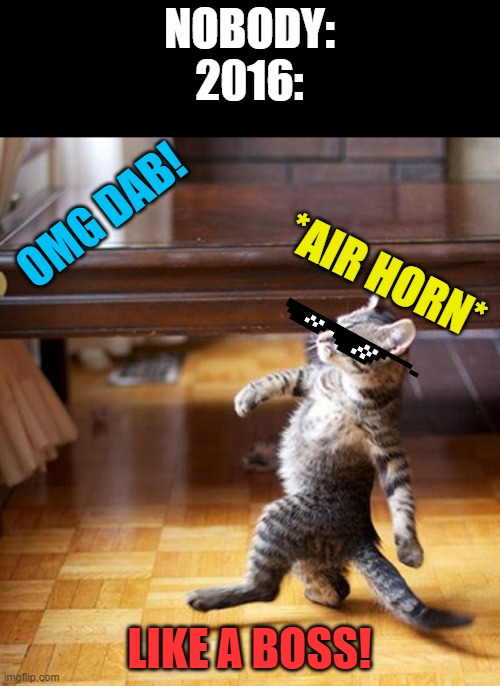 and we thought it was cool | NOBODY:
2016:; OMG DAB! *AIR HORN*; LIKE A BOSS! | image tagged in cat walking like a boss | made w/ Imgflip meme maker