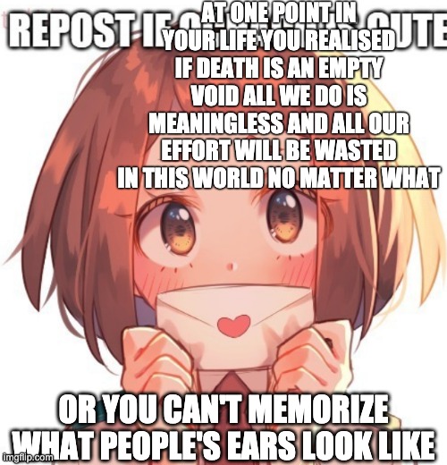 AT ONE POINT IN YOUR LIFE YOU REALISED IF DEATH IS AN EMPTY VOID ALL WE DO IS MEANINGLESS AND ALL OUR EFFORT WILL BE WASTED IN THIS WORLD NO MATTER WHAT; OR YOU CAN'T MEMORIZE WHAT PEOPLE'S EARS LOOK LIKE | made w/ Imgflip meme maker