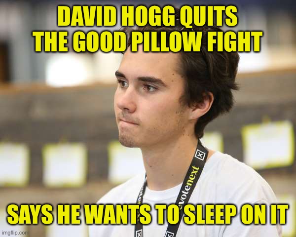MyPillow Wins by a TKO | DAVID HOGG QUITS THE GOOD PILLOW FIGHT; SAYS HE WANTS TO SLEEP ON IT | image tagged in mypillow,good pillow,david hogg,quit,pillow fight | made w/ Imgflip meme maker