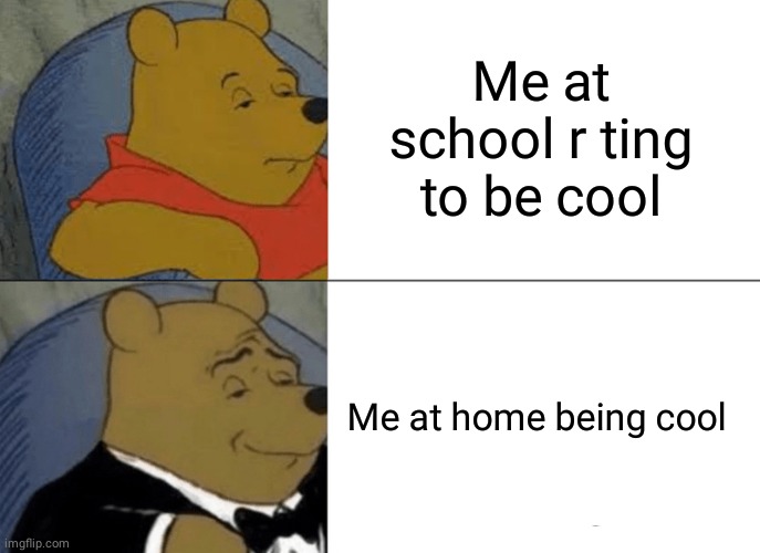 Tuxedo Winnie The Pooh Meme | Me at school r ting to be cool; Me at home being cool | image tagged in memes,tuxedo winnie the pooh | made w/ Imgflip meme maker