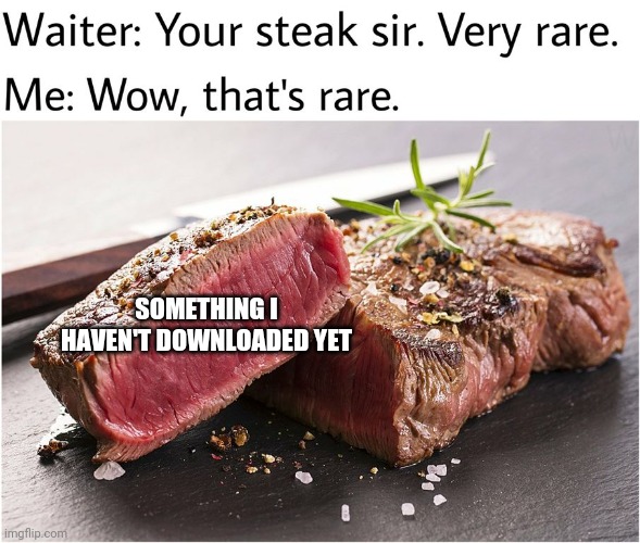 Literally. I download over a 100 images per week | SOMETHING I HAVEN'T DOWNLOADED YET | image tagged in rare steak meme | made w/ Imgflip meme maker