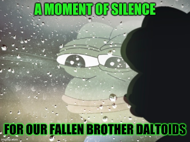 PEPE PARTY PAYS RESPECTS TO OUR FALLEN BROTHER ~Daltoids~ | A MOMENT OF SILENCE; FOR OUR FALLEN BROTHER DALTOIDS | image tagged in sad pepe,daltoids,imgflip_presidents,pepe party,press f to pay respects | made w/ Imgflip meme maker
