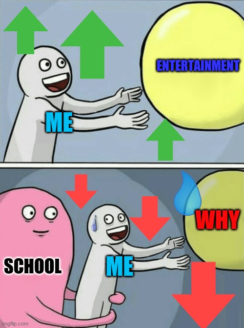 why school your killing us | ENTERTAINMENT; ME; WHY; SCHOOL; ME | image tagged in memes,running away balloon | made w/ Imgflip meme maker