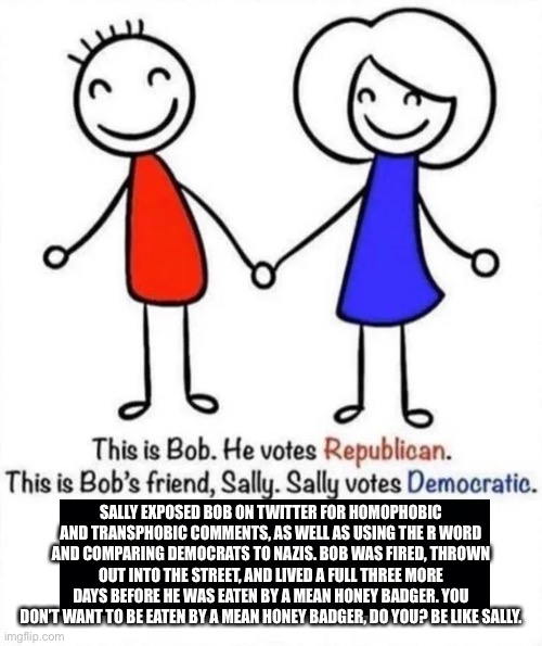 Bob and Sally | SALLY EXPOSED BOB ON TWITTER FOR HOMOPHOBIC AND TRANSPHOBIC COMMENTS, AS WELL AS USING THE R WORD AND COMPARING DEMOCRATS TO NAZIS. BOB WAS FIRED, THROWN OUT INTO THE STREET, AND LIVED A FULL THREE MORE DAYS BEFORE HE WAS EATEN BY A MEAN HONEY BADGER. YOU DON’T WANT TO BE EATEN BY A MEAN HONEY BADGER, DO YOU? BE LIKE SALLY. | image tagged in bob and sally | made w/ Imgflip meme maker