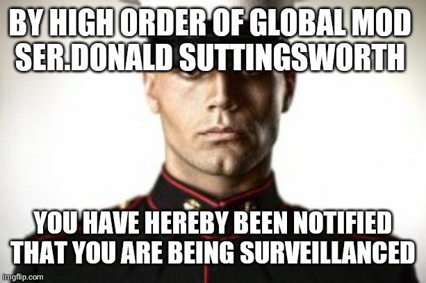 BY HIGH ORDER OF GLOBAL MOD 
SER.DONALD SUTTINGSWORTH YOU HAVE HEREBY BEEN NOTIFIED THAT YOU ARE BEING SURVEILLANCED | made w/ Imgflip meme maker