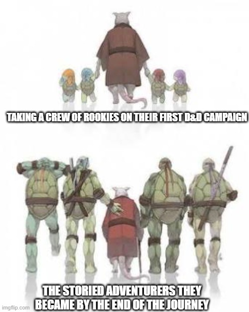 TMNT Grown up | TAKING A CREW OF ROOKIES ON THEIR FIRST D&D CAMPAIGN; THE STORIED ADVENTURERS THEY BECAME BY THE END OF THE JOURNEY | image tagged in tmnt grown up | made w/ Imgflip meme maker