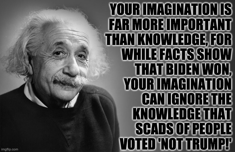 albert einstein quotes | YOUR IMAGINATION IS
FAR MORE IMPORTANT
THAN KNOWLEDGE, FOR
WHILE FACTS SHOW
THAT BIDEN WON,
YOUR IMAGINATION
CAN IGNORE THE
KNOWLEDGE THAT
S | image tagged in albert einstein quotes | made w/ Imgflip meme maker
