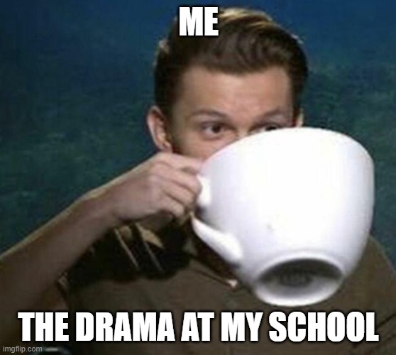 tom holland big teacup | ME; THE DRAMA AT MY SCHOOL | image tagged in tom holland big teacup | made w/ Imgflip meme maker