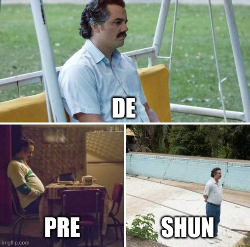 The three stages of life! | DE; PRE; SHUN | image tagged in memes,sad pablo escobar,fun | made w/ Imgflip meme maker