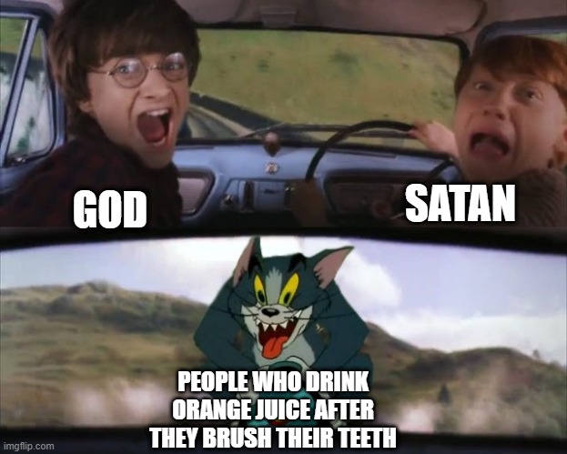 EWW | SATAN; GOD; PEOPLE WHO DRINK ORANGE JUICE AFTER THEY BRUSH THEIR TEETH | image tagged in tom chasing harry and ron weasly | made w/ Imgflip meme maker