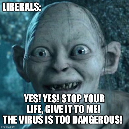 Gollum | LIBERALS:; YES! YES! STOP YOUR LIFE, GIVE IT TO ME!  THE VIRUS IS TOO DANGEROUS! | image tagged in memes,gollum | made w/ Imgflip meme maker