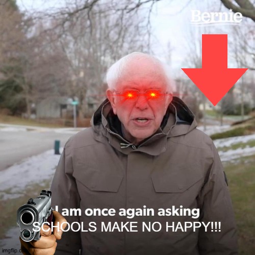 Bernie I Am Once Again Asking For Your Support Meme | SCHOOLS MAKE NO HAPPY!!! | image tagged in memes,bernie i am once again asking for your support | made w/ Imgflip meme maker