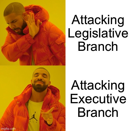 Cliff Notes to “Modern American Politics” | Attacking Legislative Branch; Attacking Executive Branch | image tagged in drake hotline bling,modern american politics,executive branch,legislative branch | made w/ Imgflip meme maker