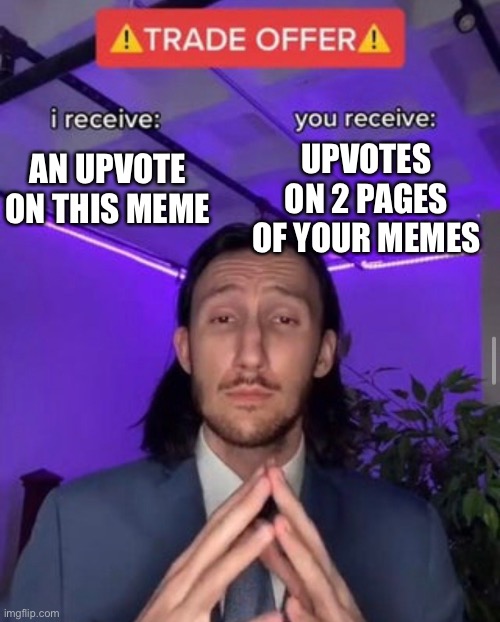 anyona wanna trade like this | UPVOTES ON 2 PAGES OF YOUR MEMES; AN UPVOTE ON THIS MEME | image tagged in tiktok trade offer | made w/ Imgflip meme maker