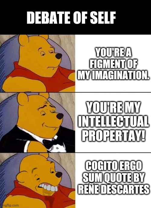 Debate of self | DEBATE OF SELF; YOU'RE A FIGMENT OF MY IMAGINATION. YOU'RE MY INTELLECTUAL PROPERTAY! COGITO ERGO SUM QUOTE BY REÑE DESCARTES | image tagged in best better blurst | made w/ Imgflip meme maker