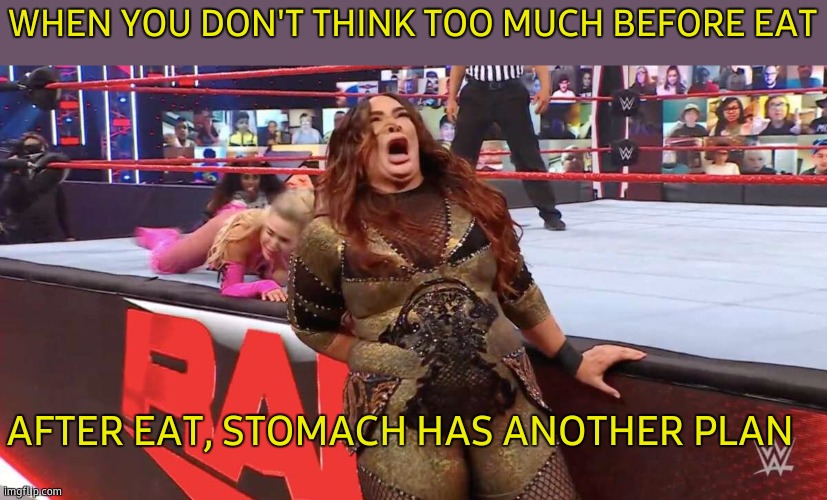 Nia Jax WWE  MY HOOOOLE | WHEN YOU DON'T THINK TOO MUCH BEFORE EAT; AFTER EAT, STOMACH HAS ANOTHER PLAN | image tagged in nia jax wwe my hoooole,stomach,plans,eating,i do not think that means what you think it means | made w/ Imgflip meme maker