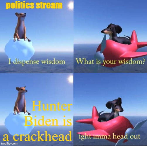 Not saying I approve, just saying I don't think we should be basing national policy around this issue | politics stream; Hunter Biden is a crackhead | image tagged in wisdom dog rejected,politics,don't do drugs,drugs are bad,hunter,biden | made w/ Imgflip meme maker
