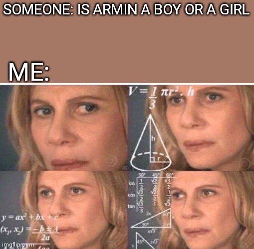 ............. | SOMEONE: IS ARMIN A BOY OR A GIRL; ME: | image tagged in math lady/confused lady | made w/ Imgflip meme maker