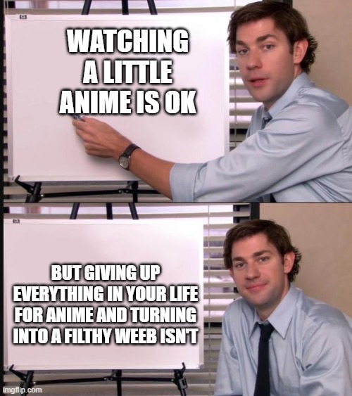 you see that anime weebs? | WATCHING A LITTLE ANIME IS OK; BUT GIVING UP EVERYTHING IN YOUR LIFE FOR ANIME AND TURNING INTO A FILTHY WEEB ISN'T | image tagged in jim halpert pointing to whiteboard | made w/ Imgflip meme maker