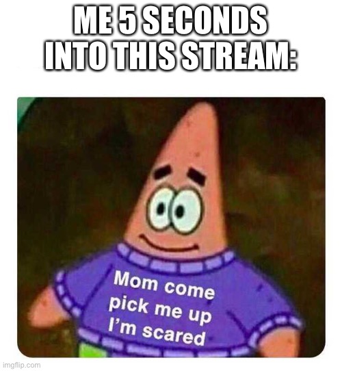 Patrick Mom come pick me up I'm scared | ME 5 SECONDS INTO THIS STREAM: | image tagged in patrick mom come pick me up i'm scared | made w/ Imgflip meme maker