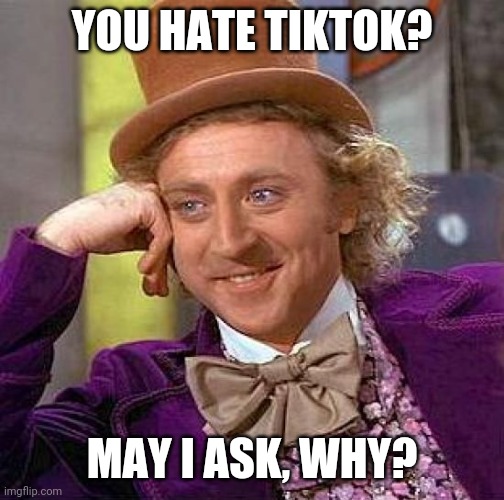 Since imgflip seems to hate tiktok for some reason. | YOU HATE TIKTOK? MAY I ASK, WHY? | image tagged in memes,creepy condescending wonka,tiktok,tik tok | made w/ Imgflip meme maker