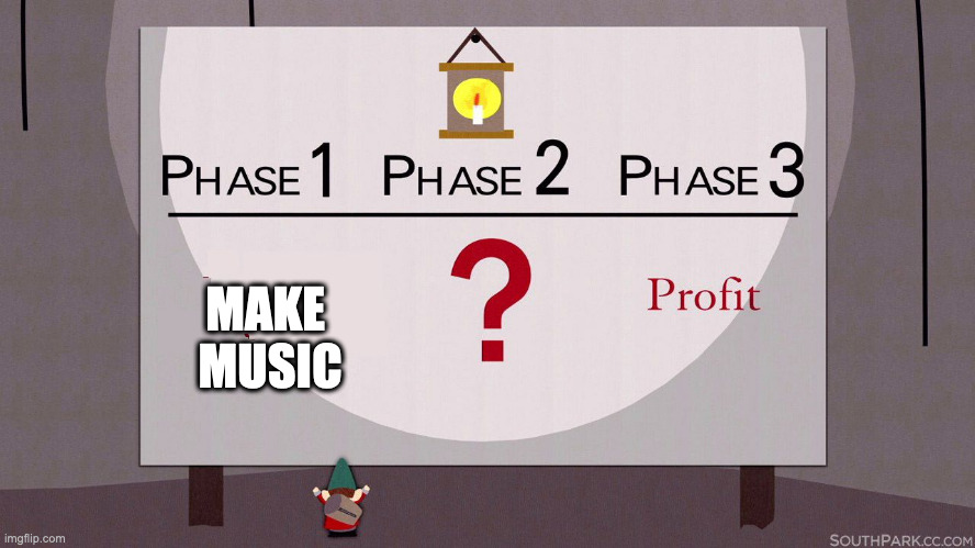 How musicians make a living on music | MAKE 
MUSIC | image tagged in south park underpants gnomes | made w/ Imgflip meme maker