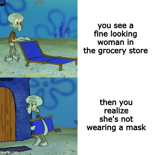 It's kind of a turn off, at least for me | you see a fine looking woman in the grocery store; then you realize she's not wearing a mask | image tagged in squidward chair,memes,wear a mask | made w/ Imgflip meme maker