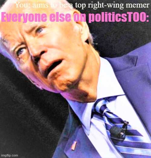 Unsettled Joe Biden | You: aims to be a top right-wing memer; Everyone else on politicsTOO: | image tagged in unsettled joe biden purple,joe biden,biden,meanwhile on imgflip,politics,politics lol | made w/ Imgflip meme maker