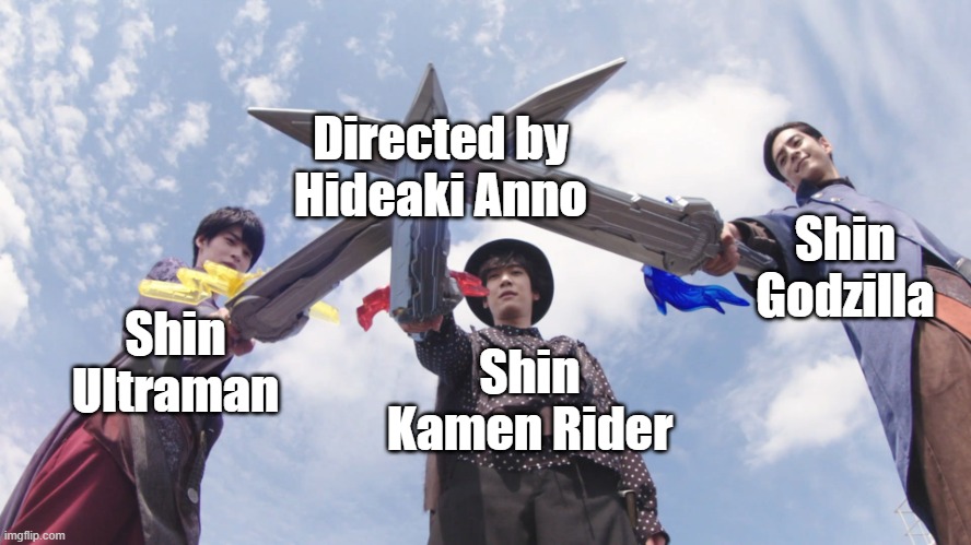 Roundtable (Saber Ver.) | Directed by Hideaki Anno; Shin Godzilla; Shin Ultraman; Shin Kamen Rider | image tagged in roundtable saber ver | made w/ Imgflip meme maker