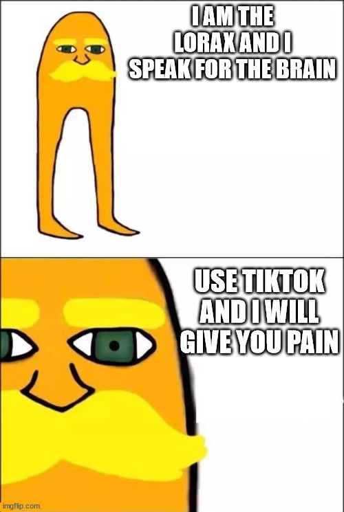 The Lorax | I AM THE LORAX AND I SPEAK FOR THE BRAIN USE TIKTOK AND I WILL GIVE YOU PAIN | image tagged in the lorax | made w/ Imgflip meme maker