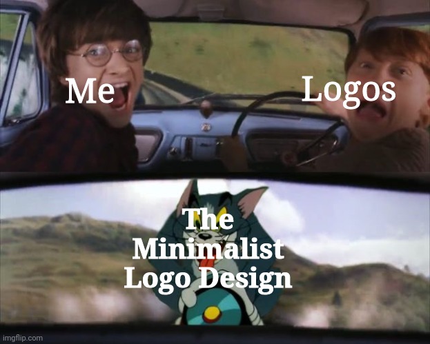 When people simplify their logos | Me; Logos; The Minimalist Logo Design | image tagged in tom chasing harry and ron weasly | made w/ Imgflip meme maker