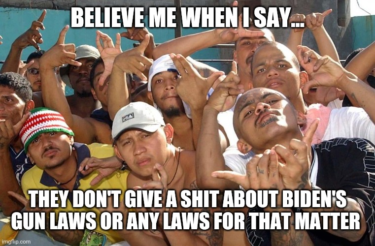They didn't leave their criminal ways at the border. | BELIEVE ME WHEN I SAY... THEY DON'T GIVE A SHIT ABOUT BIDEN'S GUN LAWS OR ANY LAWS FOR THAT MATTER | image tagged in memes | made w/ Imgflip meme maker