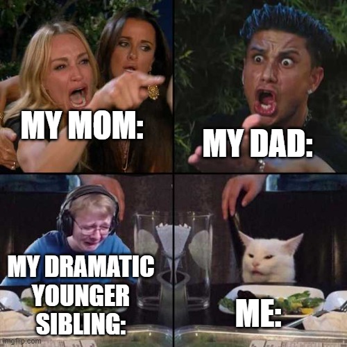 The 4 | MY DAD:; MY MOM:; MY DRAMATIC YOUNGER SIBLING:; ME: | image tagged in the 4 at dinner | made w/ Imgflip meme maker