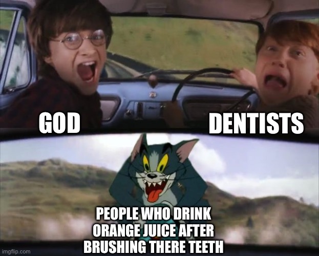 Your reading the image title right now | DENTISTS; GOD; PEOPLE WHO DRINK ORANGE JUICE AFTER BRUSHING THERE TEETH | image tagged in tom chasing harry and ron weasly,dank,funny | made w/ Imgflip meme maker