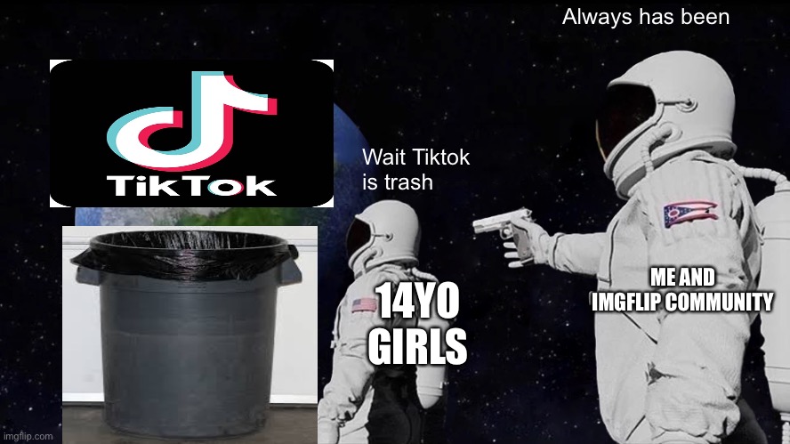 Always has been | Always has been; Wait Tiktok is trash; ME AND IMGFLIP COMMUNITY; 14YO GIRLS | image tagged in memes,always has been | made w/ Imgflip meme maker