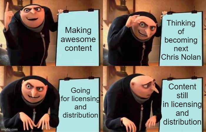 MILC | Thinking of becoming next Chris Nolan; Making awesome content; Going for licensing and distribution; Content still in licensing and distribution | image tagged in memes,gru's plan | made w/ Imgflip meme maker