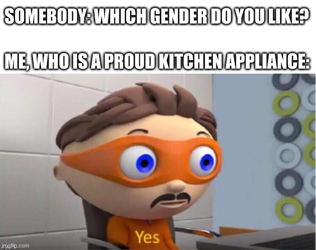 SOMEBODY: WHICH GENDER DO YOU LIKE? ME, WHO IS A PROUD KITCHEN APPLIANCE: | image tagged in blank white template,protegent yes | made w/ Imgflip meme maker