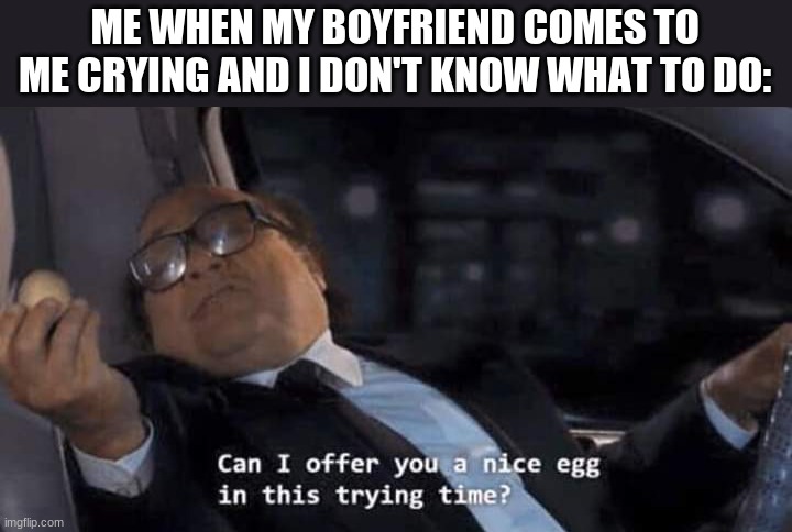 It's alright...Here's an egg :> | ME WHEN MY BOYFRIEND COMES TO ME CRYING AND I DON'T KNOW WHAT TO DO: | image tagged in can i offer you a nice egg in this trying time | made w/ Imgflip meme maker