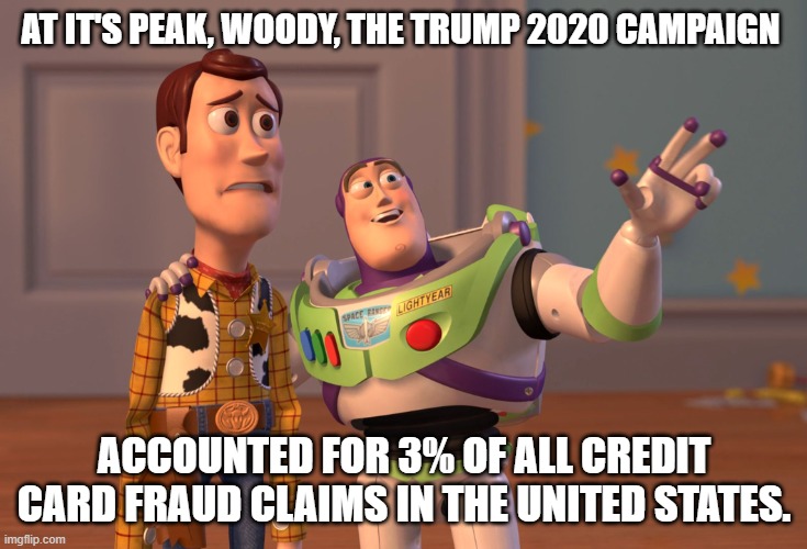 X, X Everywhere | AT IT'S PEAK, WOODY, THE TRUMP 2020 CAMPAIGN; ACCOUNTED FOR 3% OF ALL CREDIT CARD FRAUD CLAIMS IN THE UNITED STATES. | image tagged in memes,x x everywhere | made w/ Imgflip meme maker