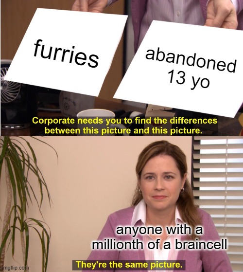They're The Same Picture Meme | furries; abandoned 13 yo; anyone with a millionth of a braincell | image tagged in memes,they're the same picture | made w/ Imgflip meme maker