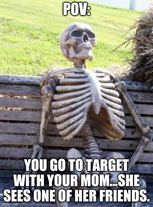 seriously- WHY DOES THIS HAPPEN | POV:; YOU GO TO TARGET WITH YOUR MOM...SHE SEES ONE OF HER FRIENDS. | image tagged in memes,waiting skeleton | made w/ Imgflip meme maker