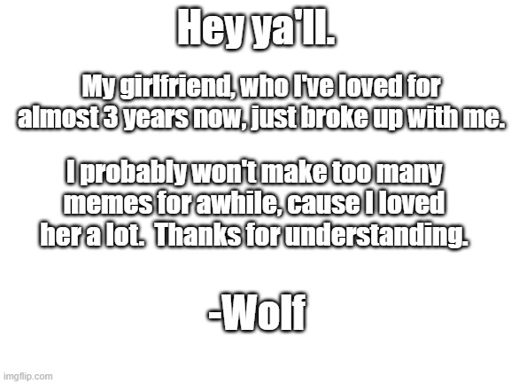 I'm really sad rn.. | Hey ya'll. My girlfriend, who I've loved for almost 3 years now, just broke up with me. I probably won't make too many memes for awhile, cause I loved her a lot.  Thanks for understanding. -Wolf | image tagged in blank white template | made w/ Imgflip meme maker