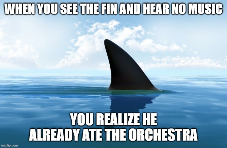 Shark Fin | WHEN YOU SEE THE FIN AND HEAR NO MUSIC; YOU REALIZE HE ALREADY ATE THE ORCHESTRA | image tagged in shark fin | made w/ Imgflip meme maker