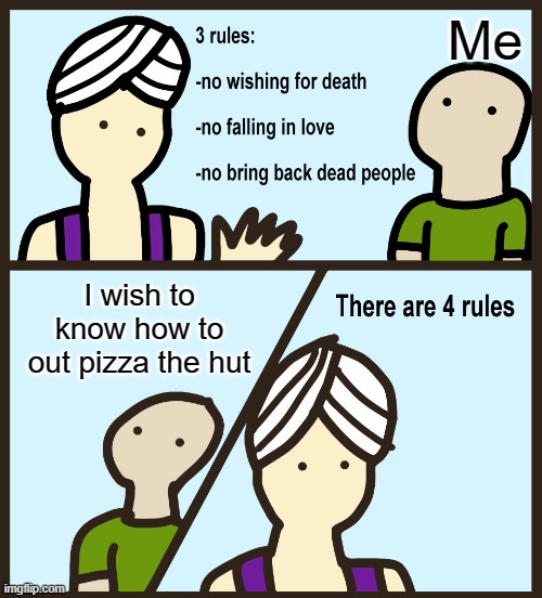 Unobtainable Knowledge | Me; I wish to know how to out pizza the hut | image tagged in there are four rules | made w/ Imgflip meme maker