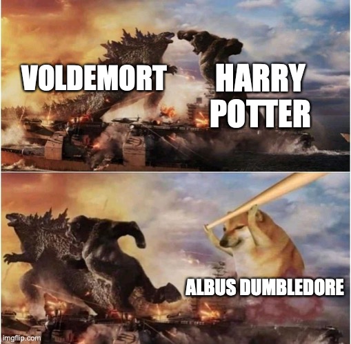 Harry Potter be like | HARRY POTTER; VOLDEMORT; ALBUS DUMBLEDORE | image tagged in kong godzilla doge,voldemort,meme,doge,dumbledore,wut | made w/ Imgflip meme maker