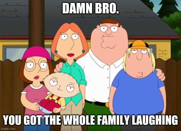 damn bro | DAMN BRO. YOU GOT THE WHOLE FAMILY LAUGHING | image tagged in damn bro | made w/ Imgflip meme maker